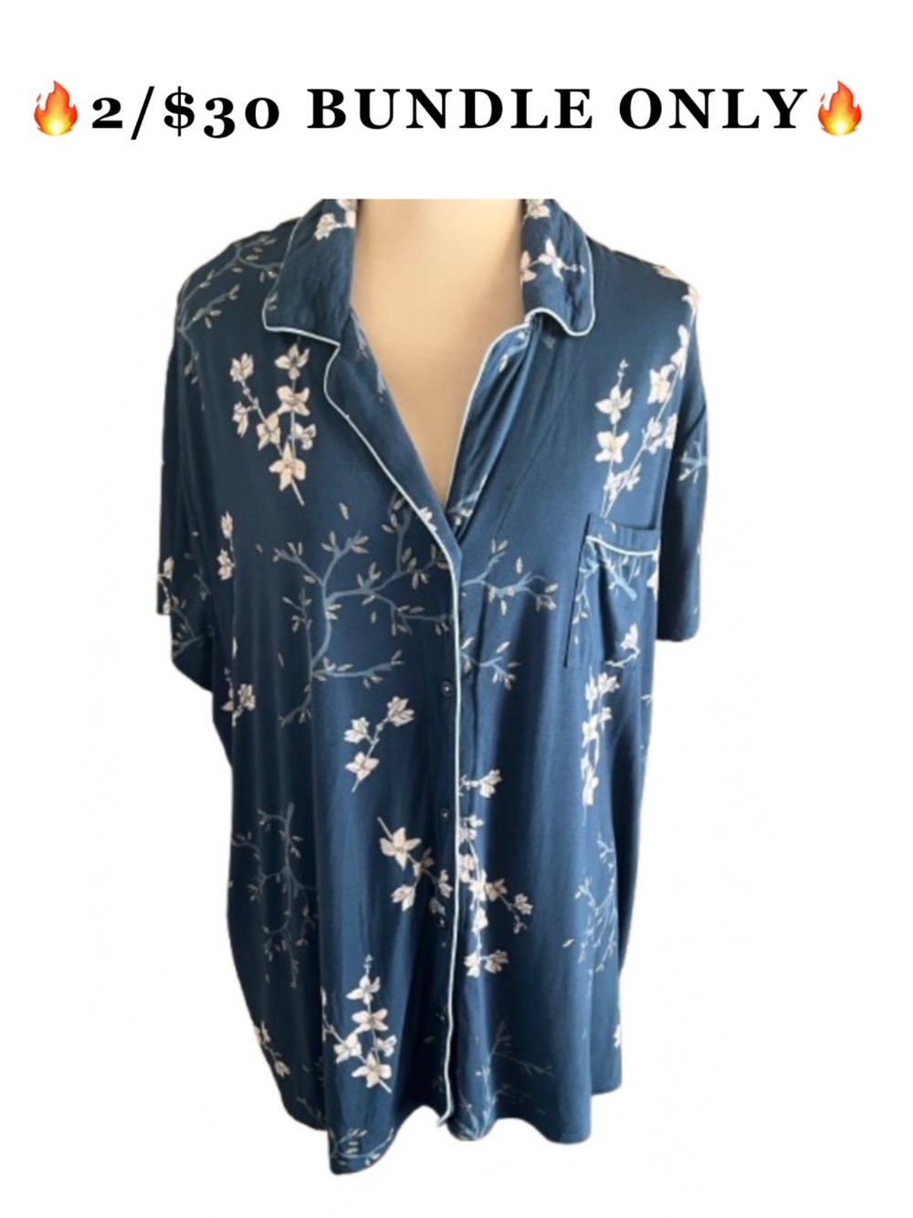Soma Cool Nights Short Sleeve Blue Floral Button Down Pajama Top XXL